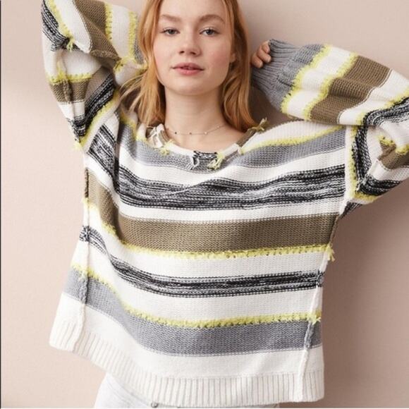 Lou & Grey Green White Striped Fringe Time Pullover Sweater Women's Small - Picture 1 of 8